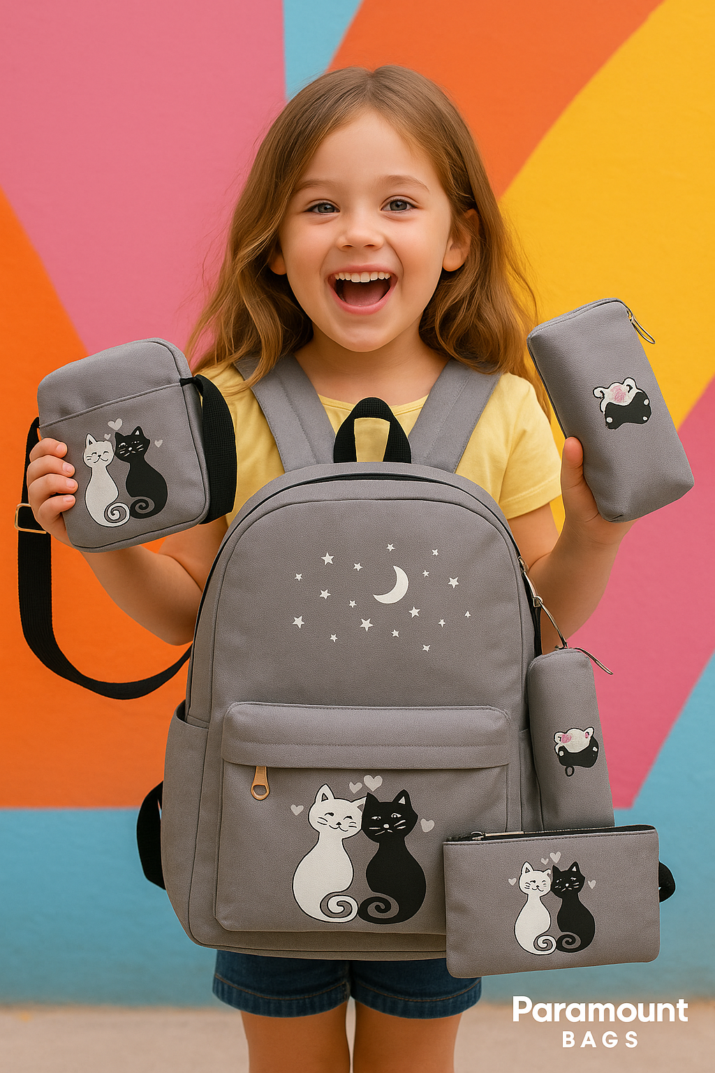 4-Piece Cute Cat School Bag Set