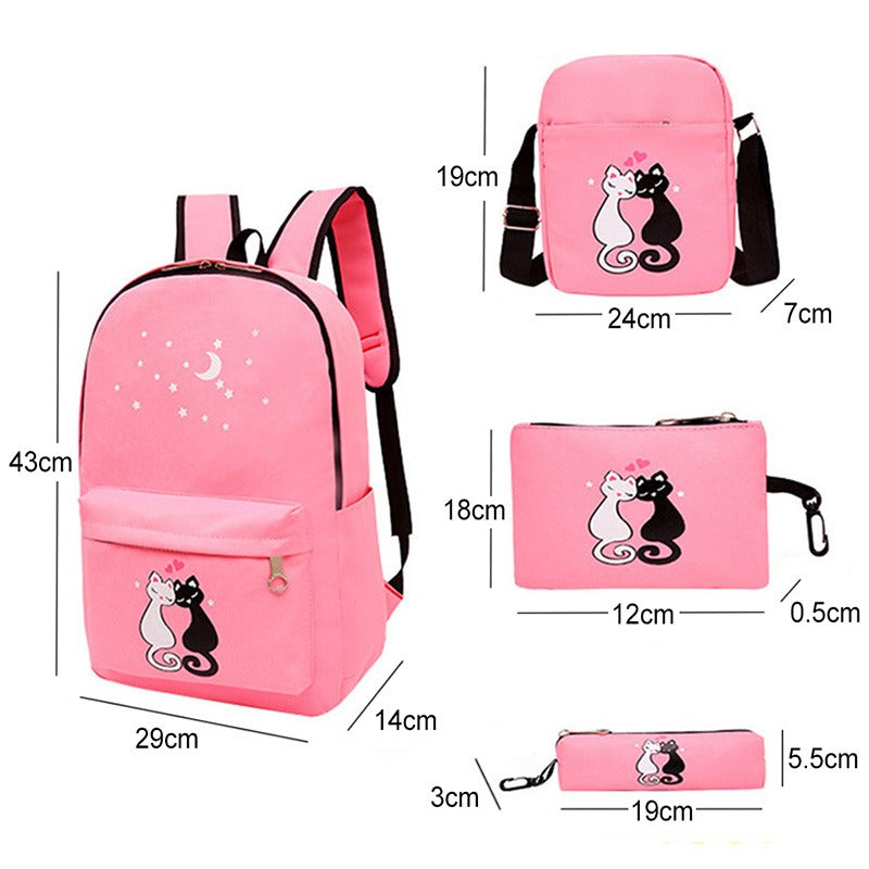 4-Piece Cute Cat School Bag Set